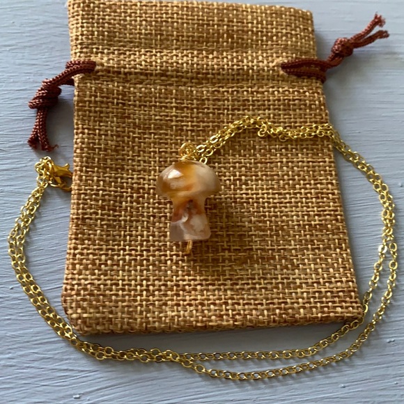 Hand Crafted Jewelry - Flower Agate Mushroom Pendant Flower Agate Necklace Gold Crystal Mushroom